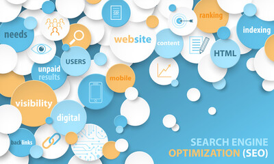 Colorful vector business concept SEARCH ENGINE OPTIMIZATION (SEO) on blue background