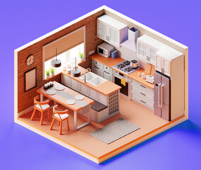 Isometric kitchen composition indoor view of dining place with stove kitchenware and cabinetry. 3D illustration
