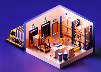Warehouse inside isometric composition including forklifts, shelves with goods.3D illustration