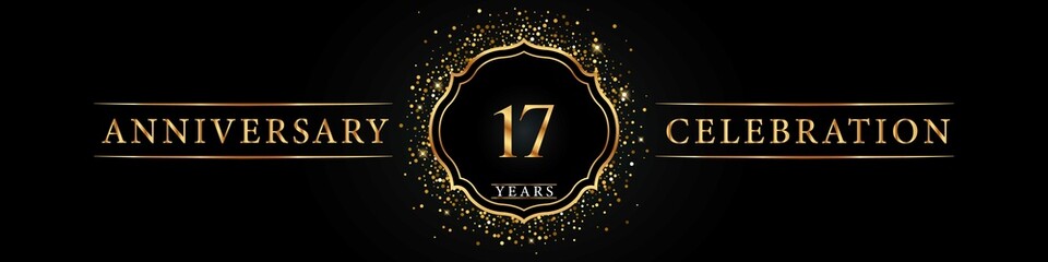 17 years golden anniversary celebration logo. Poster Design for anniversary event party, wedding, birthday party, ceremony, congratulation, greetings and invitation card. Gold Glitter Vector.