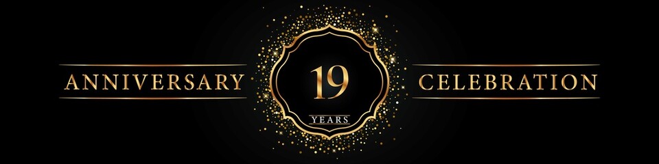 19 years golden anniversary celebration logo. Poster Design for anniversary event party, wedding, birthday party, ceremony, congratulation, greetings and invitation card. Gold Glitter Vector.