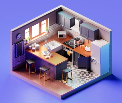Isometric Kitchen Composition Indoor View Of Dining Place With Stove Kitchenware And Cabinetry. 3D Illustration
