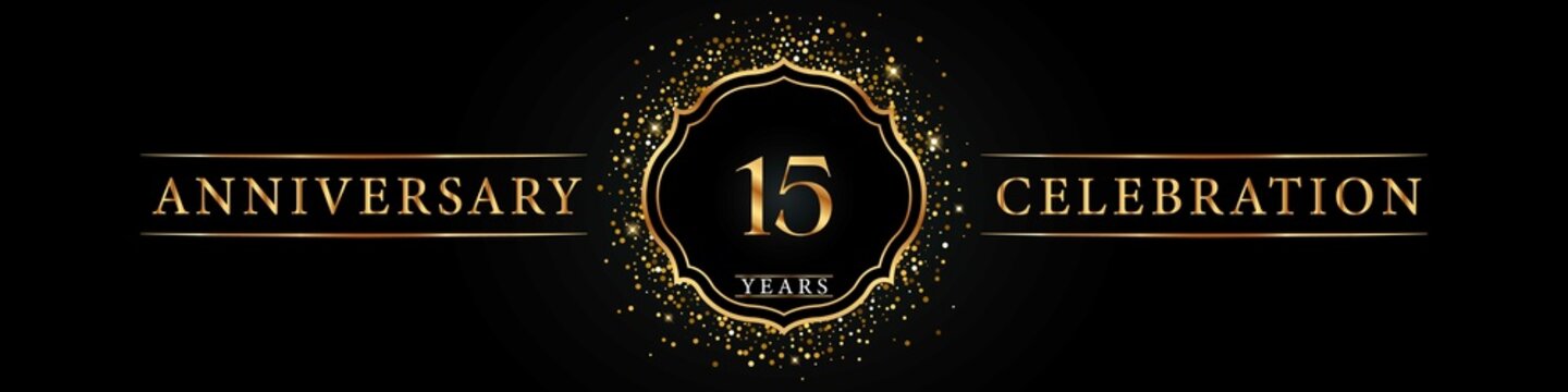 15 years golden anniversary celebration logo. Poster Design for anniversary event party, wedding, birthday party, ceremony, congratulation, greetings and invitation card. Gold Glitter Vector.