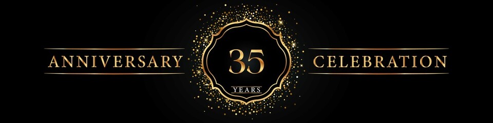 35 years golden anniversary celebration logo. Poster Design for anniversary event party, wedding, birthday party, ceremony, congratulation, greetings and invitation card. Gold Glitter Vector.