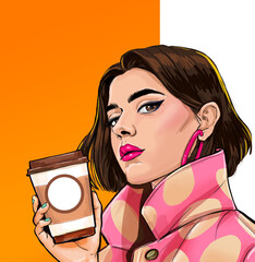 Thinking Pop Art woman with coffee cup. Advertising poster or party invitation with sexy girl with amazed face in comic style - obrazy, fototapety, plakaty