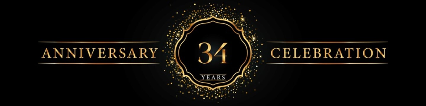 34 years golden anniversary celebration logo. Poster Design for anniversary event party, wedding, birthday party, ceremony, congratulation, greetings and invitation card. Gold Glitter Vector.
