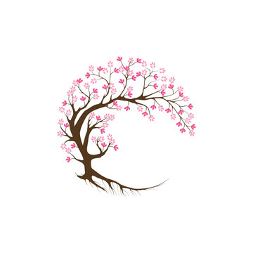 Realistic pink blossoming spring japanese sakura cherry tree vector illustration