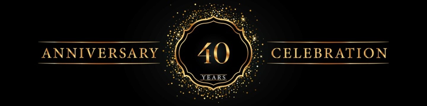 40 years golden anniversary celebration logo. Poster Design for anniversary event party, wedding, birthday party, ceremony, congratulation, greetings and invitation card. Gold Glitter Vector.