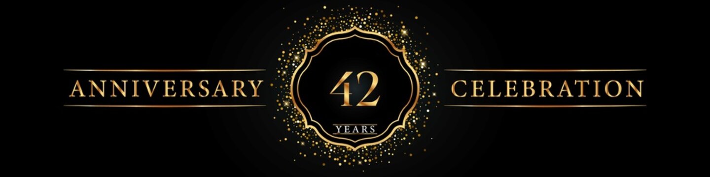42 years golden anniversary celebration logo. Poster Design for anniversary event party, wedding, birthday party, ceremony, congratulation, greetings and invitation card. Gold Glitter Vector.