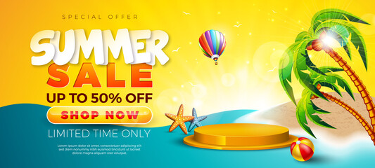 Summer Sale Design with with Stage Podium, Palm Tree and Beach Ball on Tropical Sandy Island Background. Tropical Business Vector Illustration with Special Offer Typography for Coupon, Voucher, Banner