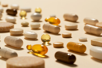 Fototapeta na wymiar A close up image of medication pills arranged