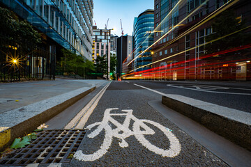 Cycle lane on a London street with light trails
