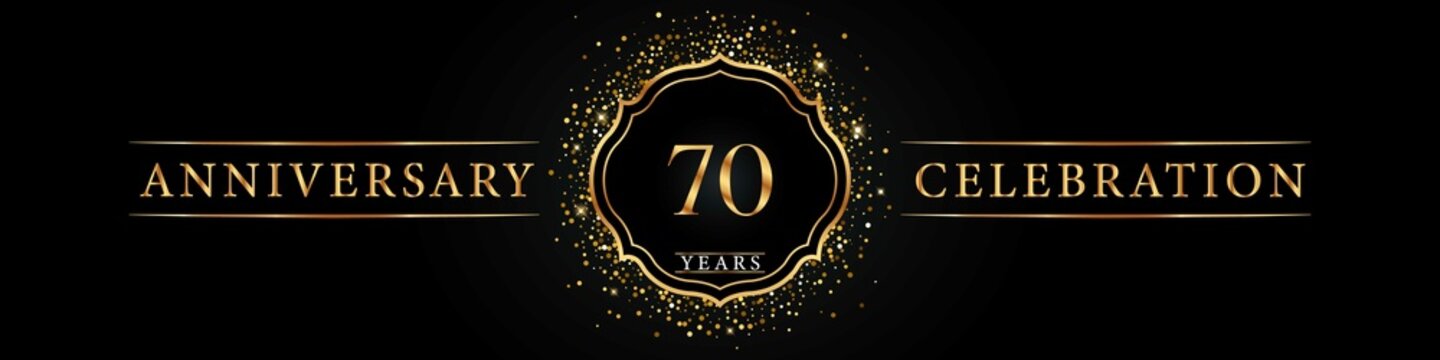 70 years golden anniversary celebration logo. Poster Design for anniversary event party, wedding, birthday party, ceremony, congratulation, greetings and invitation card. Gold Glitter Vector.