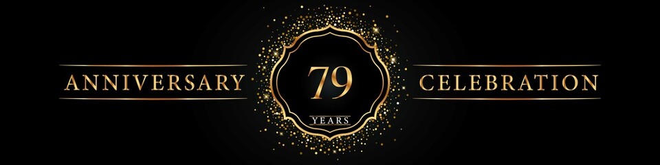 79 years golden anniversary celebration logo. Poster Design for anniversary event party, wedding, birthday party, ceremony, congratulation, greetings and invitation card. Gold Glitter Vector.