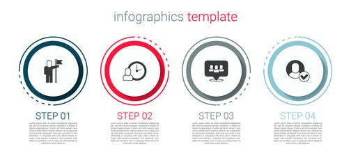 Set Man holding flag, Work time, Project team base and Worker. Business infographic template. Vector