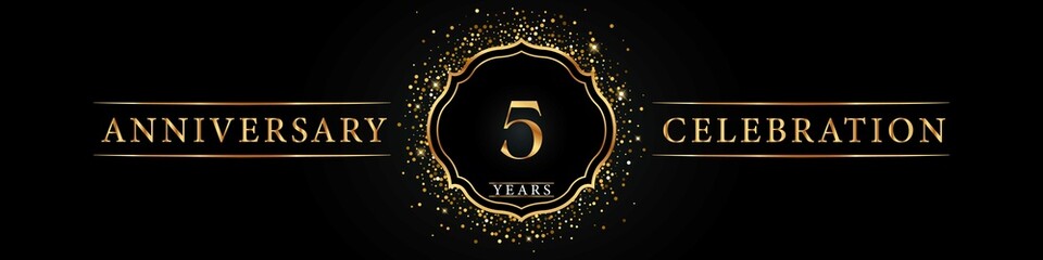 5 years golden anniversary celebration logo. Poster Design for anniversary event party, wedding, birthday party, ceremony, congratulation, greetings and invitation card. Gold Glitter Vector.