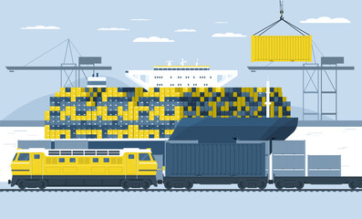 Loading containers on a freight train in the port from a container ship. Vector illustration. - obrazy, fototapety, plakaty