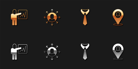 Set Leader of a team of executives, Multitasking manager working, Tie and Worker location icon. Vector