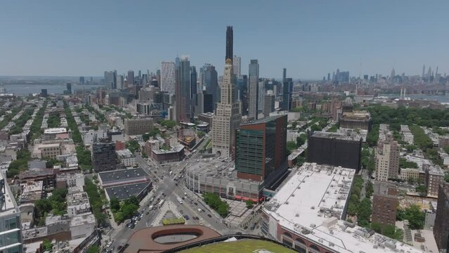 flying backward aerial view of downtown Brooklyn skyline