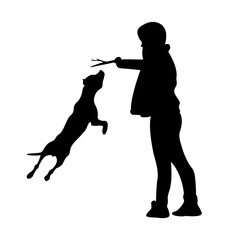 Silhouette of a girl with a dog retrieving. Playing with a dog. Isolated on white background.