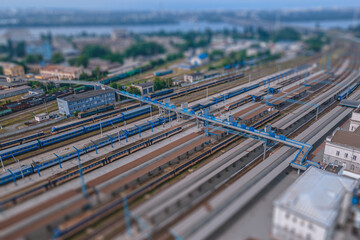 Aerial view of the central railway passenger station of the city of Dnipro. Passenger Transportation. Ukrainian railway