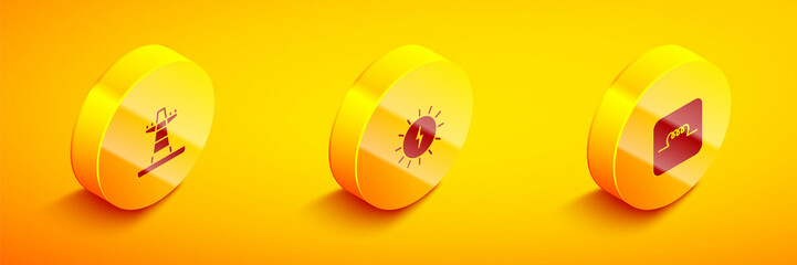 Set Isometric Electric tower line, Solar energy panel and Inductor electronic circuit icon. Vector