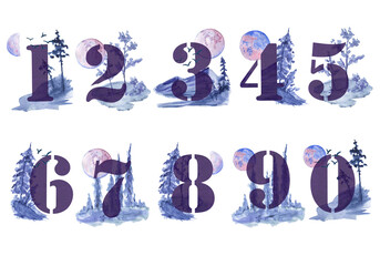 Watercolor set of numbers on a purple background of nature.For poster printing,for design works.For school teaching.