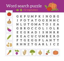 Word search puzzle. Vegetables collection. Cucumber, onion, tomato, broccoli, potato, ginger, pumpkin, carrot, eggplant, garlic, radish and beet