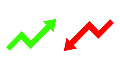 Up and Down sign with green and red arrows vector. Design vector illustration concept of sales bar chart symbol icon with arrow moving down and sales bar chart with arrow moving up.	