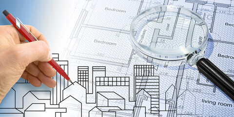 Architect planning a residential building over an imaginary cityscape and cadastral parcel - concept image