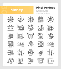 Money pixel perfect linear icons set. Personal, business finances. Customizable thin line symbols. Isolated vector outline illustrations. Editable stroke. Montserrat Bold, Light fonts used