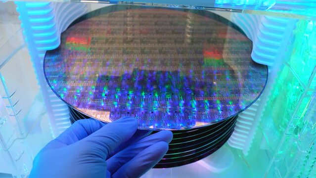 Gloved Hand Holding a Silicon Wafer in plastic holder box