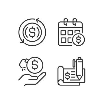 Transactions and payments pixel perfect linear icons set. Monthly income. Financial risk. Chequebook. Customizable thin line symbols. Isolated vector outline illustrations. Editable stroke