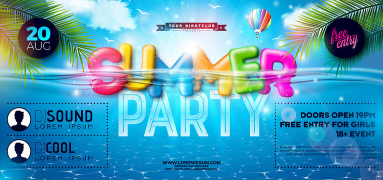 Summer Beach Party Banner Design with Colorful 3d Text in Water and Typography on Blue Sea Background. Vector Summer Holiday Celebration Illustration with Exotic Palm Leaves for Flyer, Invitation or