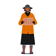 Homeless Woman Holding Banner Need Help, Bum in Ragged Clothes Begging Money, Unemployed Character in Trouble