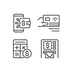 Cash flow activities pixel perfect linear icons set. Digital wallet. Payment by card. Accounting. Customizable thin line symbols. Isolated vector outline illustrations. Editable stroke