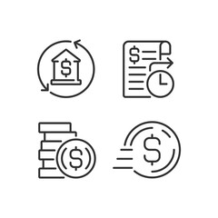 Business banking services pixel perfect linear icons set. Mortgage payment. Standing order. Send money. Customizable thin line symbols. Isolated vector outline illustrations. Editable stroke