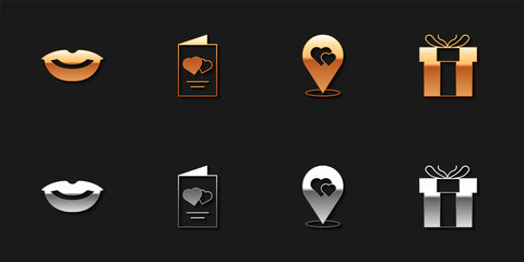 Set Smiling lips, Valentines day flyer, Location with heart and Gift box icon. Vector