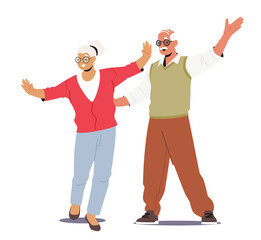 Happy Elderly Male Female Characters Dance Together. Loving Aged Couple Romantic Relations. Senior Man and Woman Moving