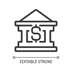 Bank building pixel perfect linear icon. Financing business. Borrow money. Personal loans. Cash needs. Thin line illustration. Contour symbol. Vector outline drawing. Editable stroke. Arial font used