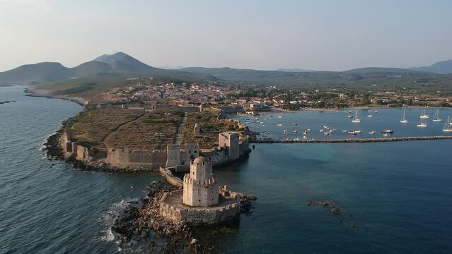 Aerial view over Methoni Castle and the fortified city. Its one of the most important and the biggest in castle in Mediterranean sea, a must-visit place in Greece located in Methoni, Messenia, Greece