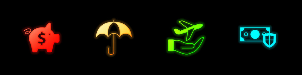 Set Piggy bank, Umbrella, Plane in hand and Money with shield icon. Vector