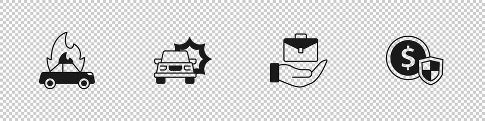 Set Burning car, Car accident, Hand holding briefcase and Money with shield icon. Vector