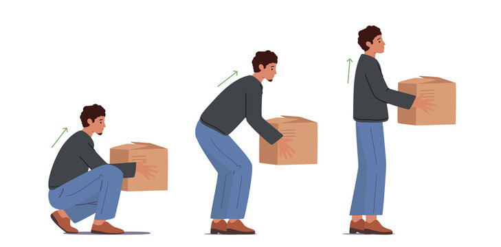 Correct Lift of Heavy Box Concept. Man Stand Up with Cardboard Package in Hands. Male Character Back Safety, Health Care