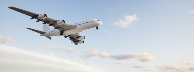 Conceptual flying white passenger jetliner or commercial plane after take off rising over a beautiful sky background. 3D illustration for jet transportation, travel industry or modern freedom concept