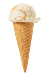 waffle cone white with caramel ball of ice cream isolated on white background, close up