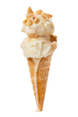 waffle cup white with caramel ball of ice cream decorated with peanuts isolated on white background, close up