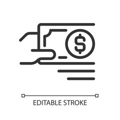 Payment in cash pixel perfect linear icon. Paper money currency. Purchasing and selling. Physical cash. Thin line illustration. Contour symbol. Vector outline drawing. Editable stroke. Arial font used