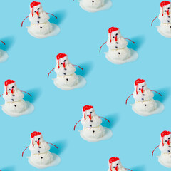 trendy seamless pattern of melting ice cream snowman on blue background, funny creative concept
