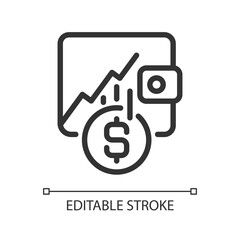 Investment pixel perfect linear icon. Earning money from stocks. Financial market. Economic growth. Thin line illustration. Contour symbol. Vector outline drawing. Editable stroke. Arial font used